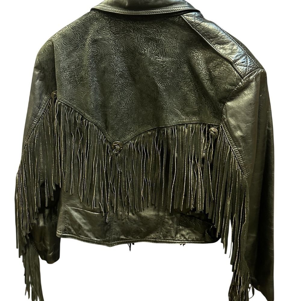 CHIA Vtg Black Suede Embossed Leather Fringed cropped  Motorcycle Jacket Size L - Picture 2 of 8